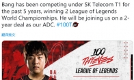 《LOL》前SKTADC选手Bang正式加入100T战队